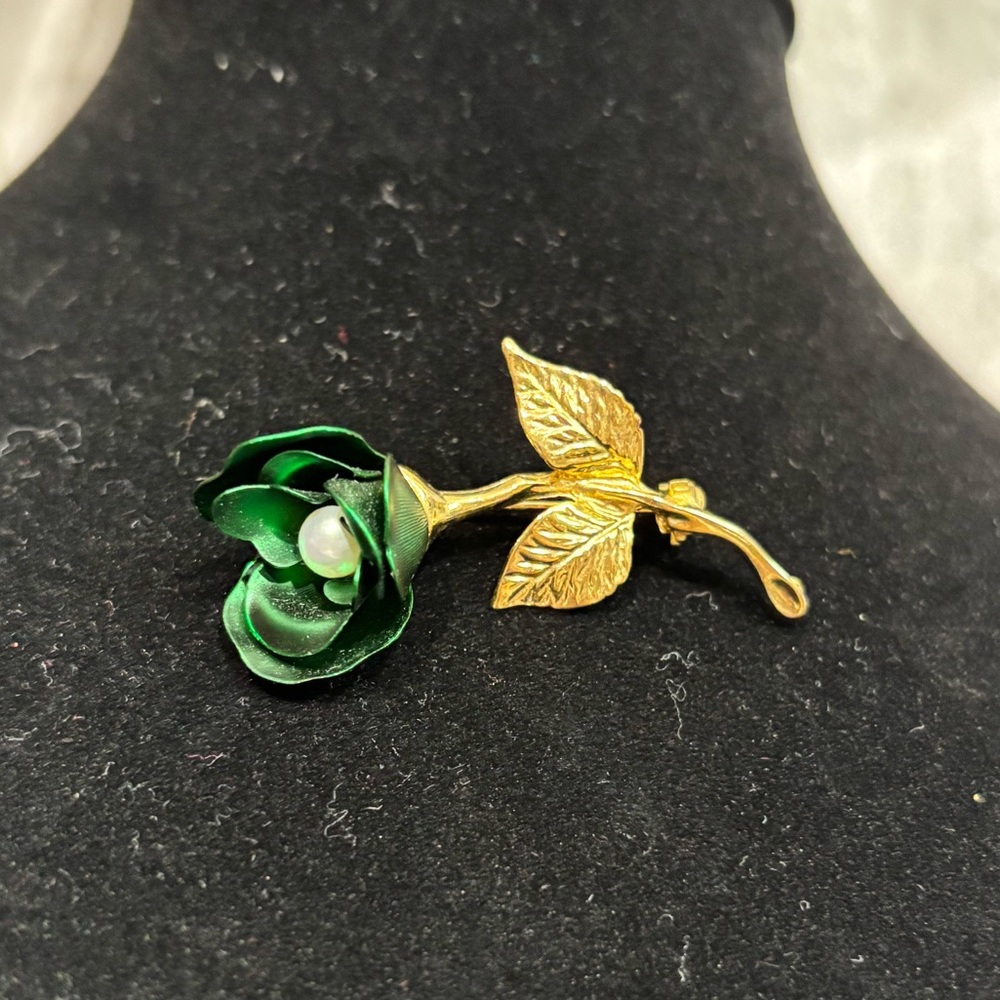 Gold-Tone Green Rose Brooch with Pearl Accent